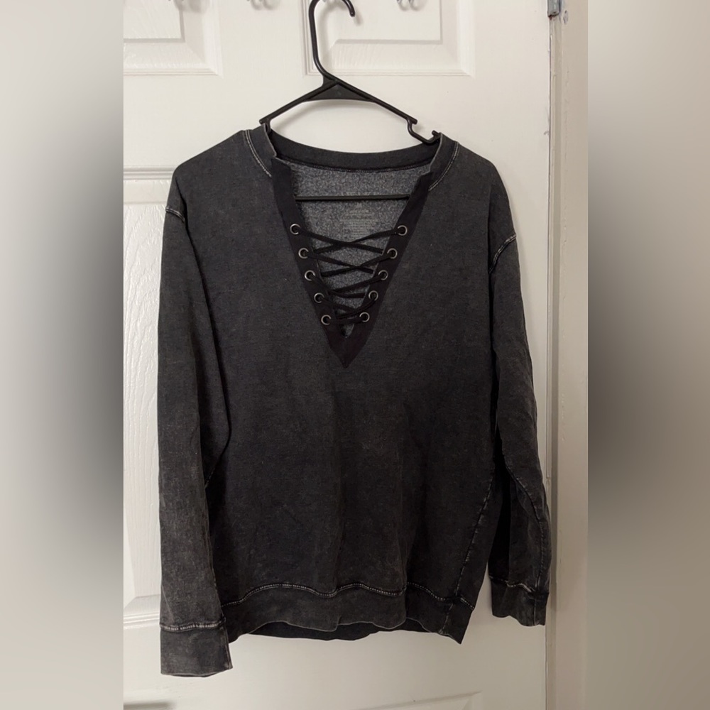 Awake Lace Up Charcoal Gray Distressed Sweatshirt